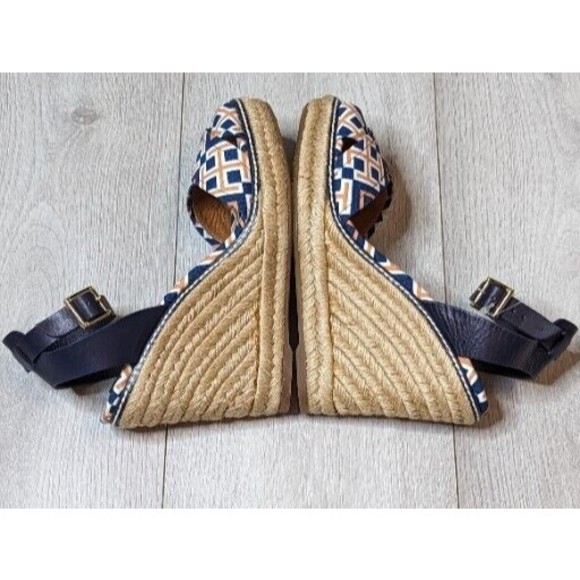 TORY BURCH Orange Blue Canvas Leather Espadrille Criss Cross Strappy Wedge Heels - Picture 9 of 12